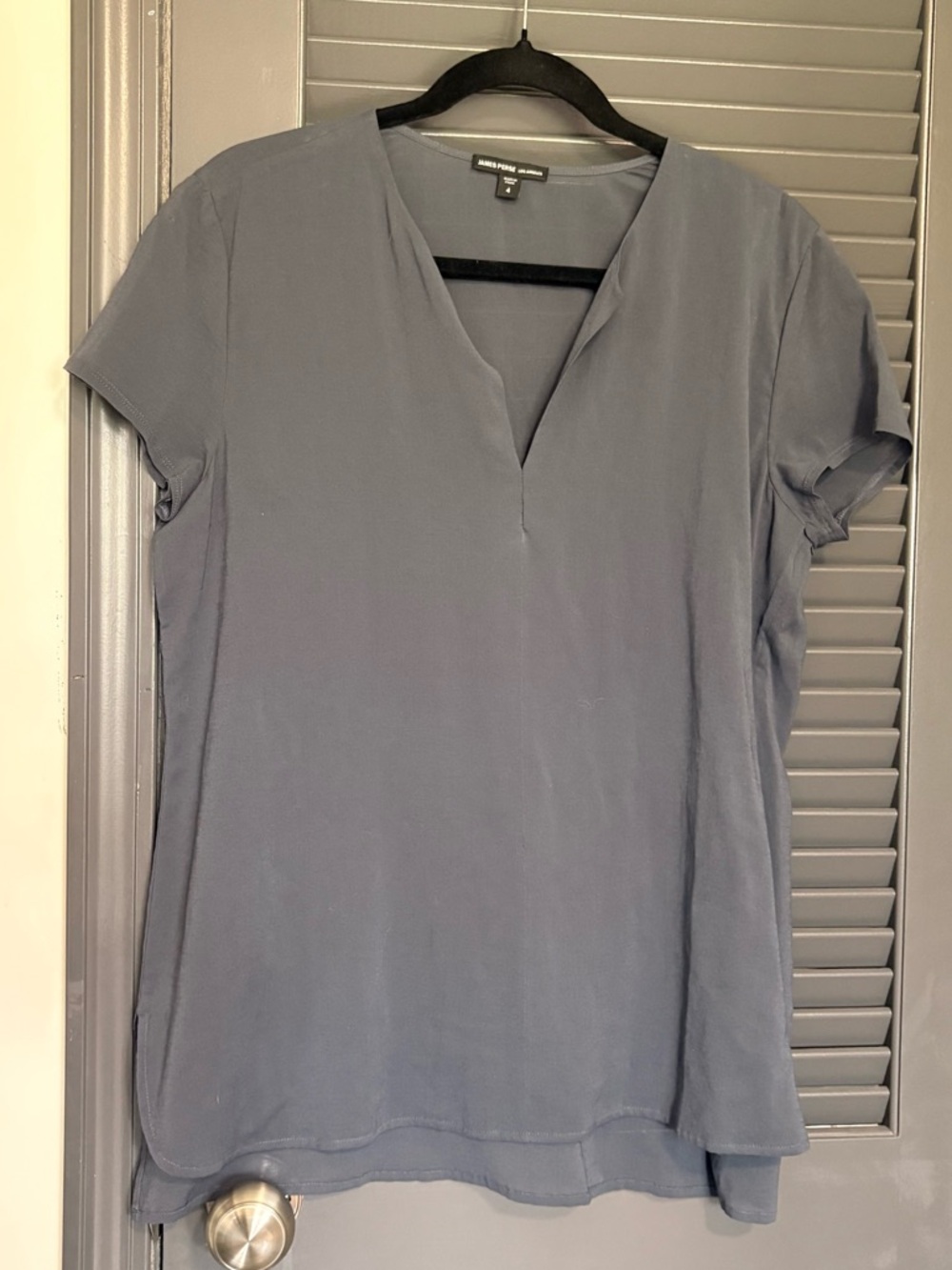 James Perse Dusty Blue V-Notch Short Sleeve Blouse